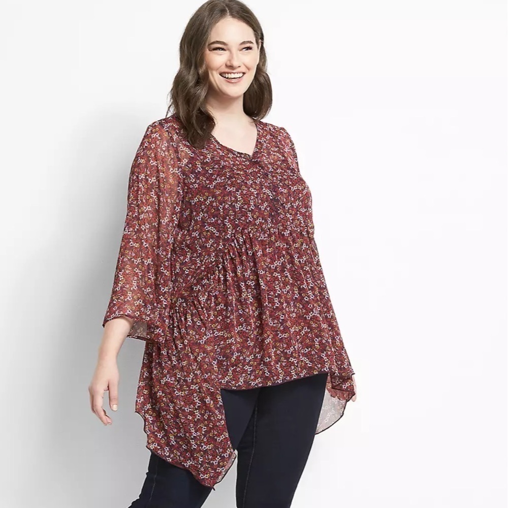 Lane Bryant Floral Chiffon Handkerchief Hem Button Front Boho Blouse 14/16